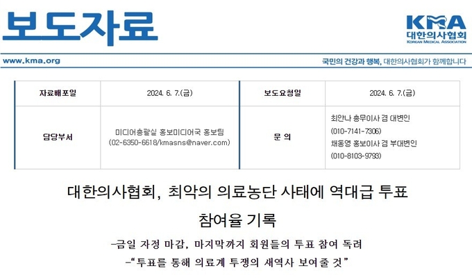 전면휴진 투표에 역대급 참여율을 기록했다는 의협의 보도자료. 