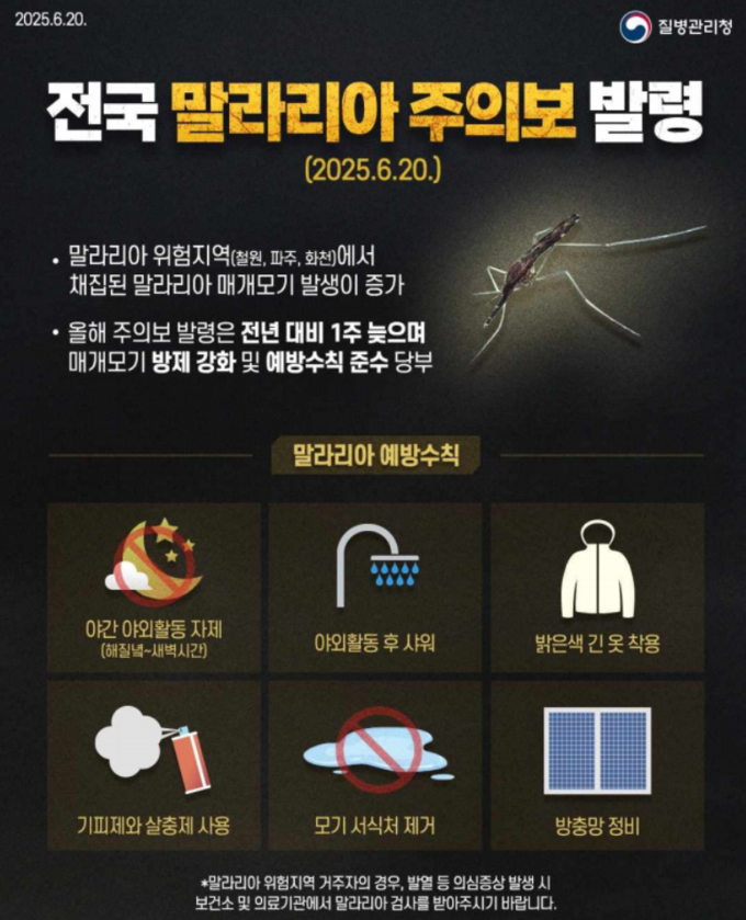 질병관리청(청장 지영미)이 말라리아 매개모기 밀도 증가에 따라 수도권 및 강원 일부 지역에 말라리아 주의보를 발령했다. 사진 | 질병관리청