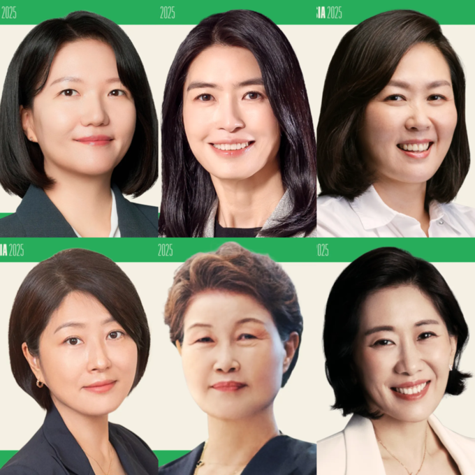 (위 왼쪽부터) 최수연 네이버 대표, 정신아 카카오 대표, 김민영 넷플릭스 부사장, (아래 왼쪽부터) 이선정 CJ올리브영 대표, 서성석 코스맥스 회장, 이수경 P&G 글로벌 화장품 사업 프레지던트. /포천지<br>
<br>